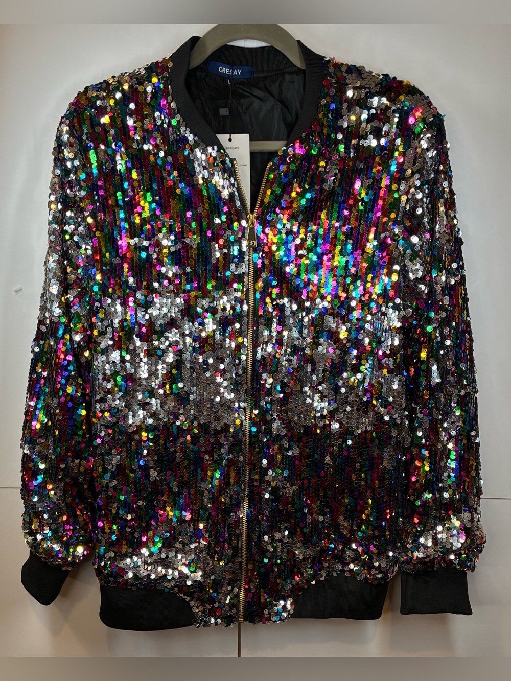 Cresay Multicolor Sequin Bomber Jacket NWT Rainbow Disco Glam Zip Front Size L